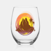 Badge met tropische vulkaan landschap en palmbomen wijnglas zonder voet (Achterkant)
