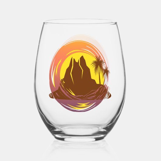 Badge met tropische vulkaan landschap en palmbomen wijnglas zonder voet (Achterkant)