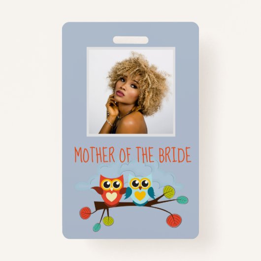 Badge Mignonne OWLS Mariage à thème Bleu orange (Devant)