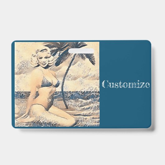 Badge Modèle de bikini blond agenouillé Thunder_Cove (Avant)