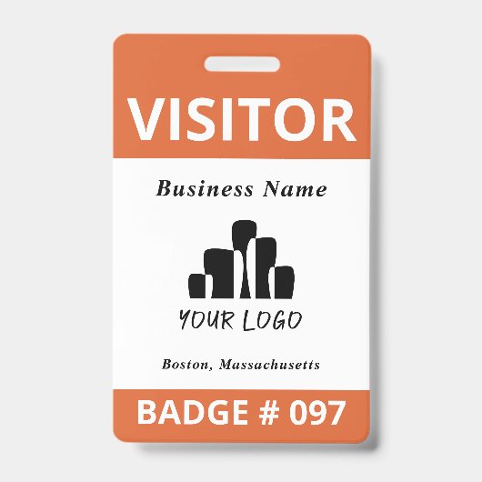 Badge Modèle de logo de visiteur orange blanc épuré (Avant)