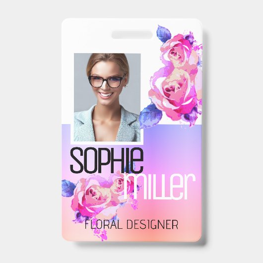 Badge Modèle de nom de photo Fleurs de roses ombrées arc (Avant)