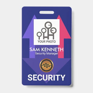 Badge Modèle de photo de sécurité avec des flèches bleue