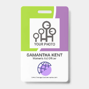 Badge Modèle de photo d'employé aux vagues vertes et vio