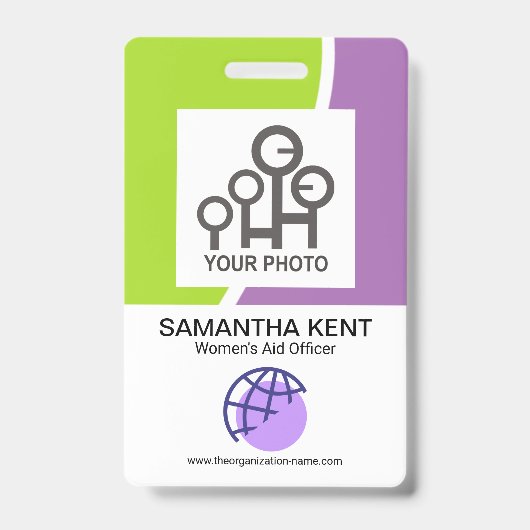 Badge Modèle de photo d'employé Vagues Vertes Violettes  (Avant)