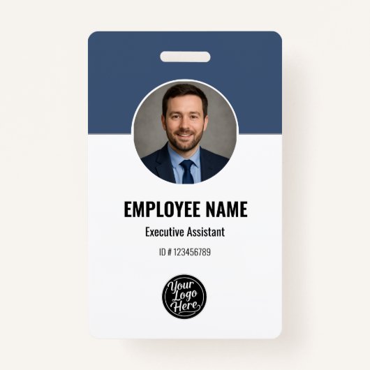 Badge Modern Navy White Photo ID Employee QR Code (Devant)