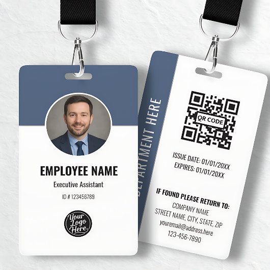 Badge Modern Navy White Photo ID Employee QR Code