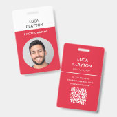 Badge Modern Photo Professional Code QR Logo Nom rouge (Avant & arrière)