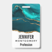 Badge Moderne Élégante Agate Sarcelle et Ruban Doré sur  (Arrière)