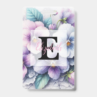 Badge Monogram lace floral pink purple pansies flowers 