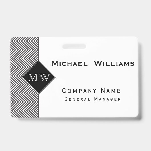 Badge Monogramme à motif chevron abstrait noir et blanc (Avant)