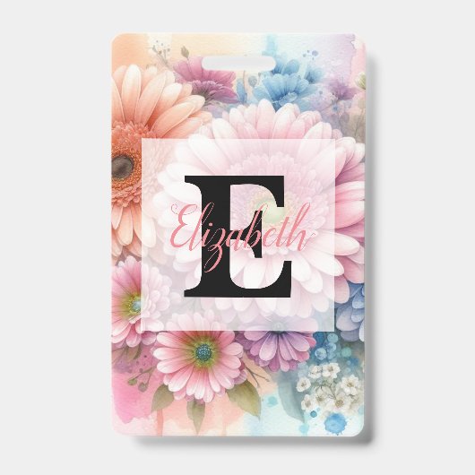 Badge Monogramme aquarelle floral gerbera rose  (Avant)