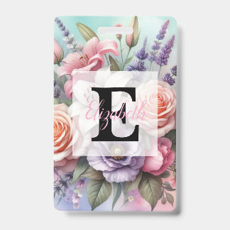 Badge Monogramme aquarelle florale fleurs roses violette