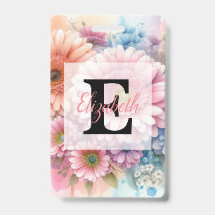 Badge Monogramme aquarelle florale gerbera roses roses