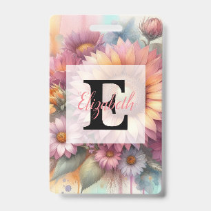 Badge Monogramme aquarelle florale rose jaune tournesol