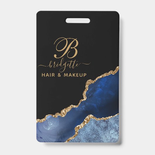 Badge Monogramme de maquilleur en géode d'agate or bleu  (Avant)