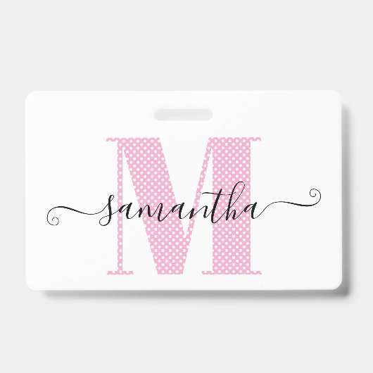 Badge Monogramme Féminin Rose Clair et Blanc à Points (Avant)
