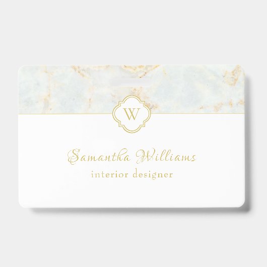 Badge Monogramme Marbre Elégant Or Blanc (Avant)