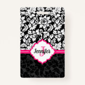 Badge Monogramme noir blanc et rose Damas (Devant)