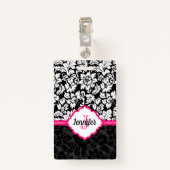 Badge Monogramme noir blanc et rose Damas (Dos avec clip)