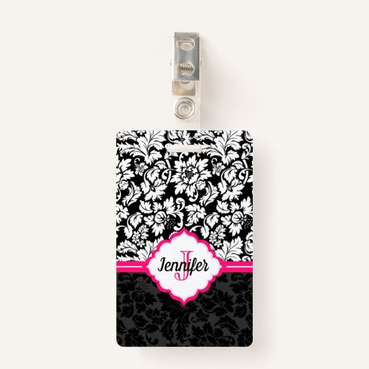 Badge Monogramme noir blanc et rose Damas (Devant avec clip)