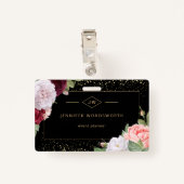 Badge Monogramme professionnel élégant Rose floral noir (Dos avec clip)