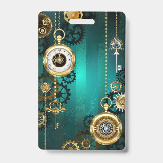 Badge Montre de bijouterie Steampunk sur fond vert (Avant)