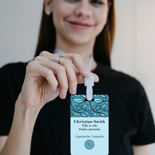 Badge Motif bilingue de feuilles bleu turquoise