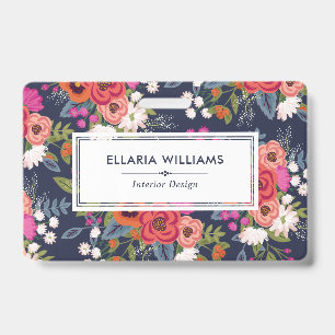 Badge Motif floral Boho - Bleu marine et corail - Nom