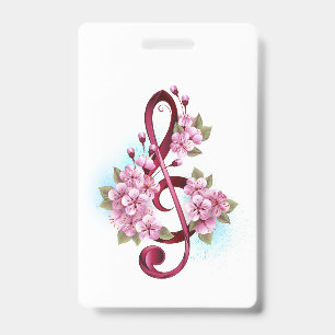 Badge Musical treble clef notes with sakura flowers
