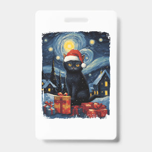 Badge Noël Chat noir Starry Nuit Van Gogh Retro Ca