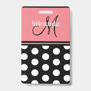 Badge Noir Rose Blanc Points de Polka Monogramme Script