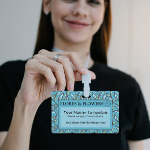 Badge Nom bilingue avec motif de feuilles de turquoise b