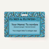 Badge Nom bilingue avec Motif Feuille bleu turquoise (Devant)