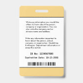 Badge Nom de la photo de l'employé Code de la barre Logo (Arrière)