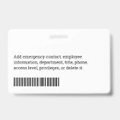 Badge Nom de l'employé de l'entreprise, titre, code barr (Arrière)