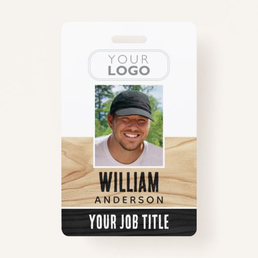 Badge Nom de l'employé rustique Photo Woodgrain Black (Devant)