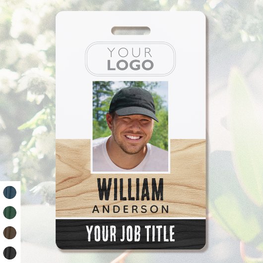 Badge Nom de l'employé rustique Photo Woodgrain Black