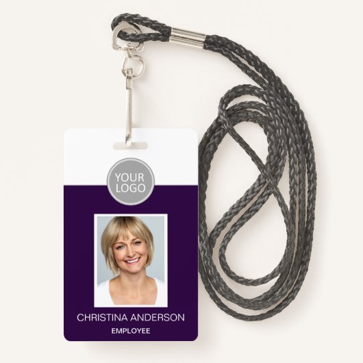 Badge Nom de l'employé violet Logo Photo Travail d'entre (Devant avec lanière)