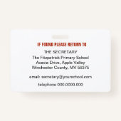 Badge Nom de l'enseignant Numéro d'identification, titre (Dos)