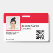 Badge Nom d'employé personnalisé Photo et code QR rouge (Avant)