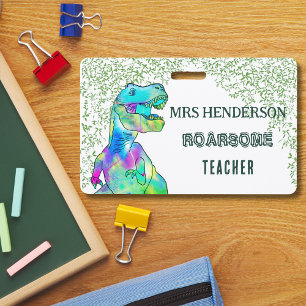 Badge Nom d'enseignant d'école de dinosaure amusant