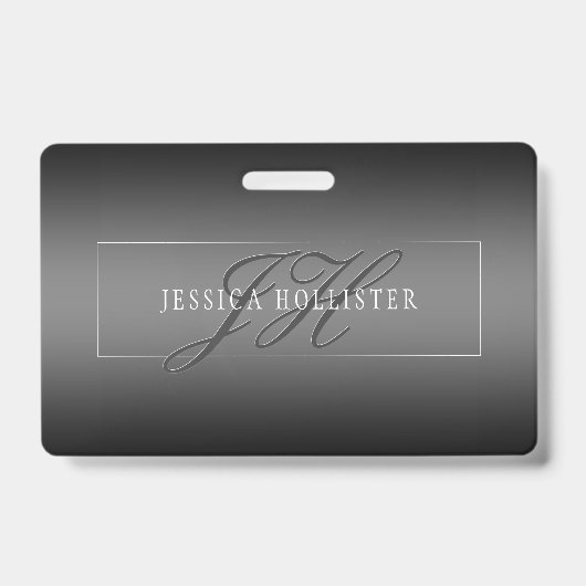 Badge Nom élégant & Initiales monogrammées | Noir & Gris (Avant)