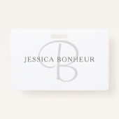 Badge Nom élégant Monogramme | Blanc et gris (Dos)