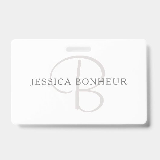 Badge Nom élégant Monogramme | Blanc & Gris (Avant)