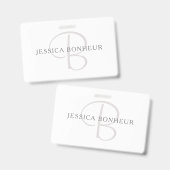 Badge Nom élégant Monogramme | Blanc & Gris (Avant & arrière)