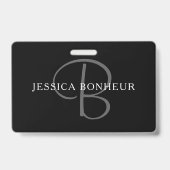 Badge Nom élégant Monogramme | Noir Blanc & Gris (Arrière)