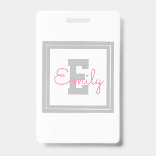 Badge Nom et monogramme encadrés Gris clair et rose