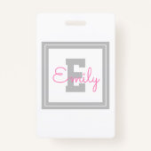 Badge Nom et monogramme encadrés | Gris clair et rose (Dos)
