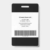 Badge Nom noir et blanc, Photo, info, logo, code à barre (Arrière)